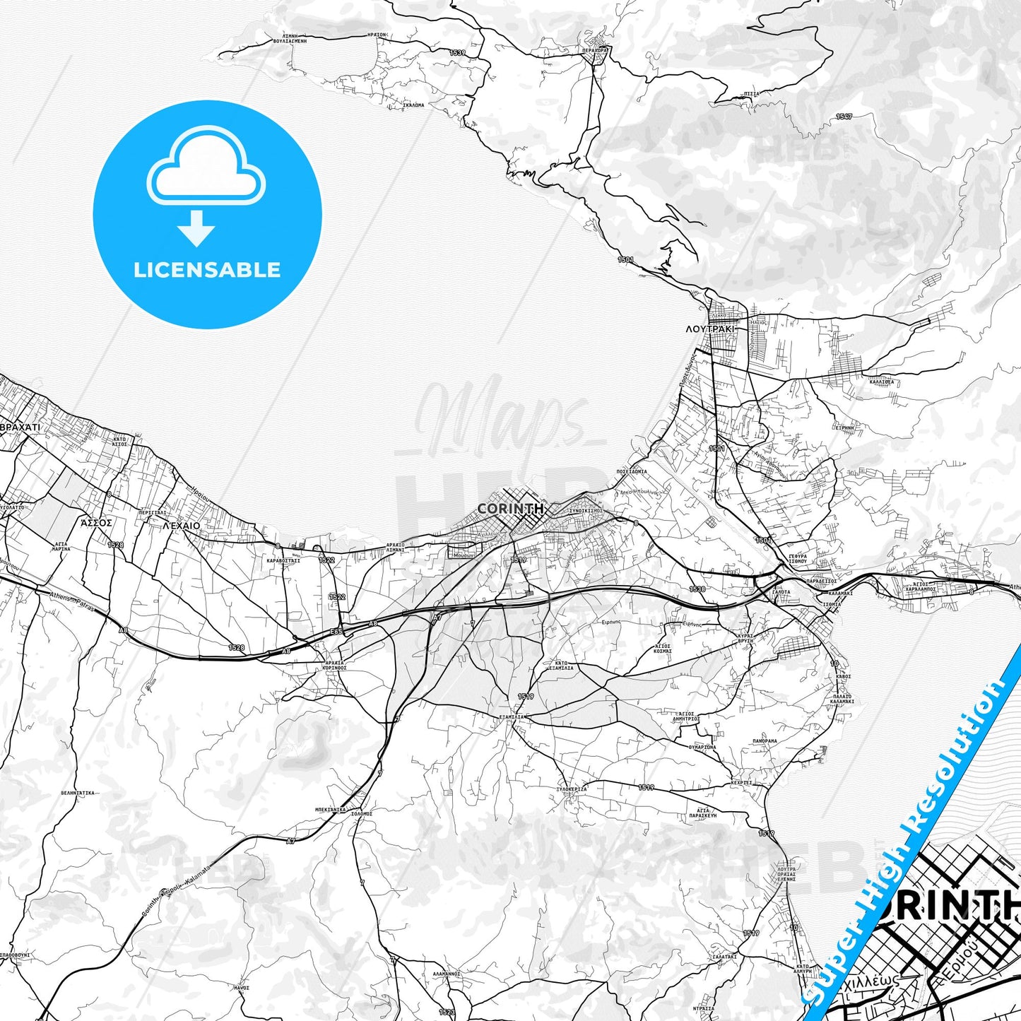 Corinth, Greece light map with streetnames, citynames and districts