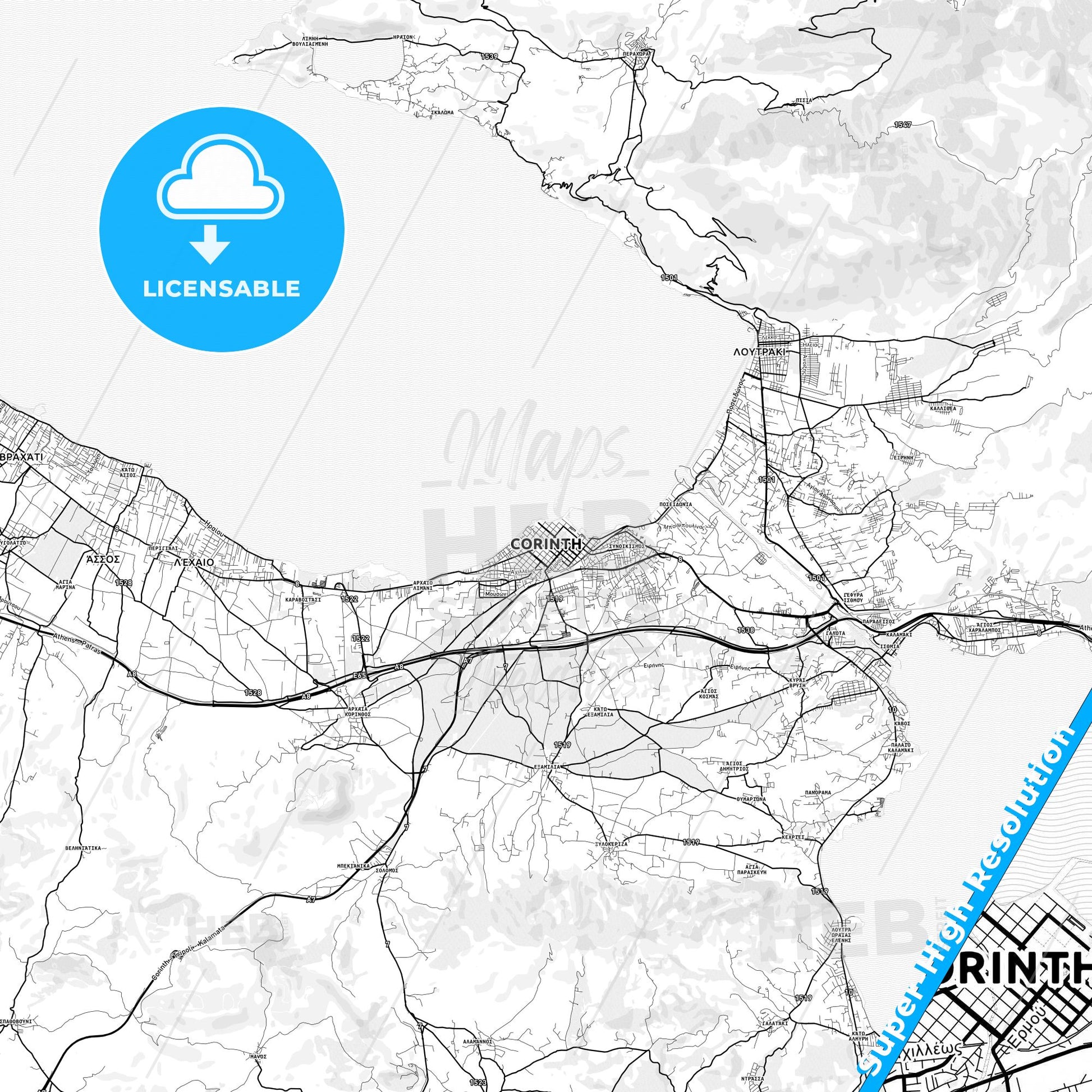 Corinth, Greece light map with streetnames, citynames and districts