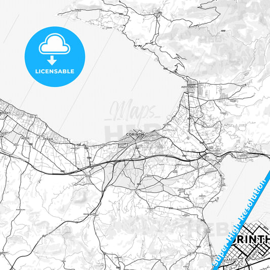 Corinth, Greece light map with streetnames, citynames and districts