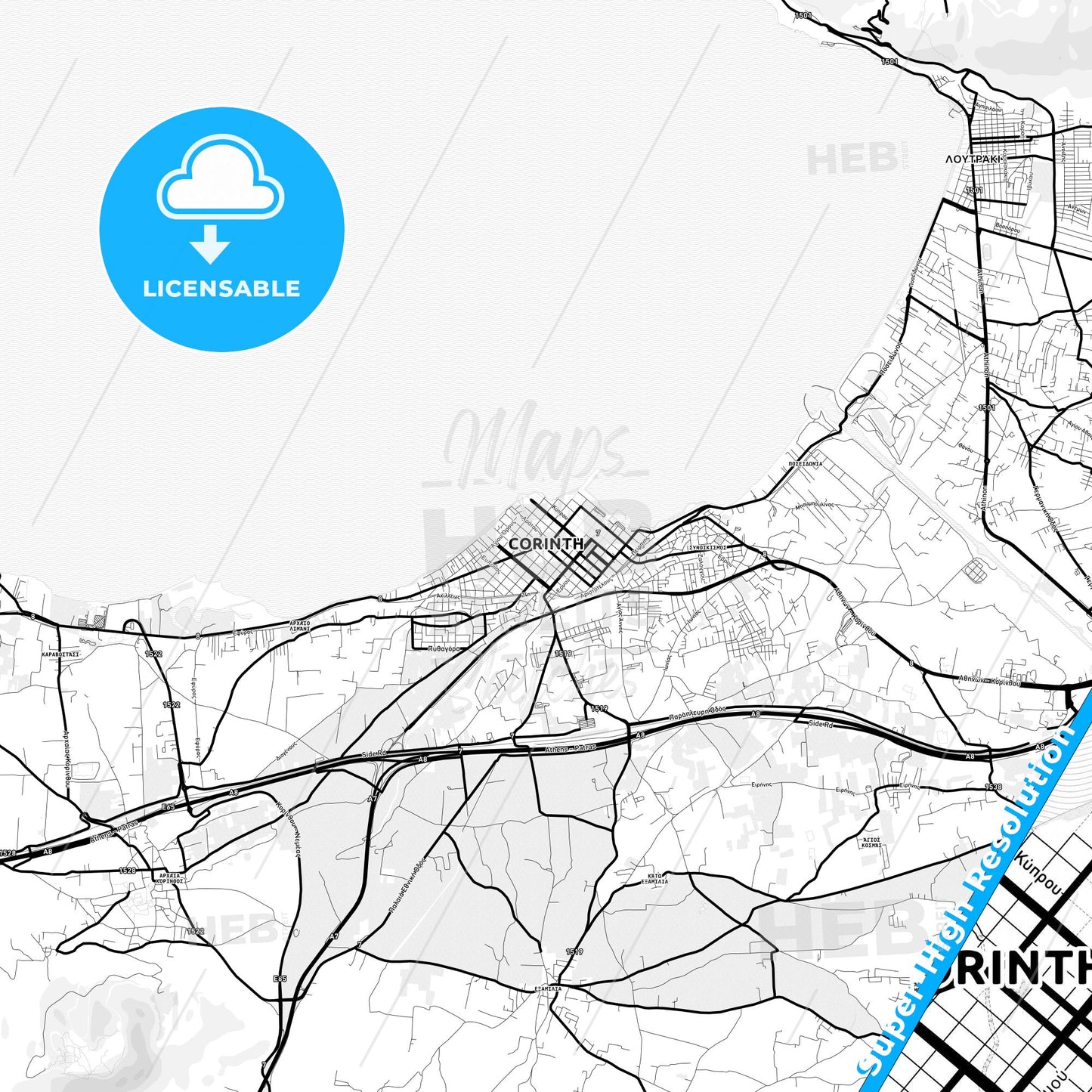 Corinth, Greece Light Map with Street Names, City Names, and Districts