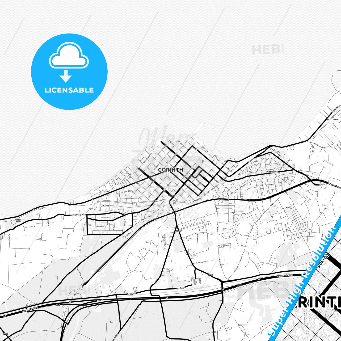 Corinth, Greece Light Map with Street Names, City Names, and Districts