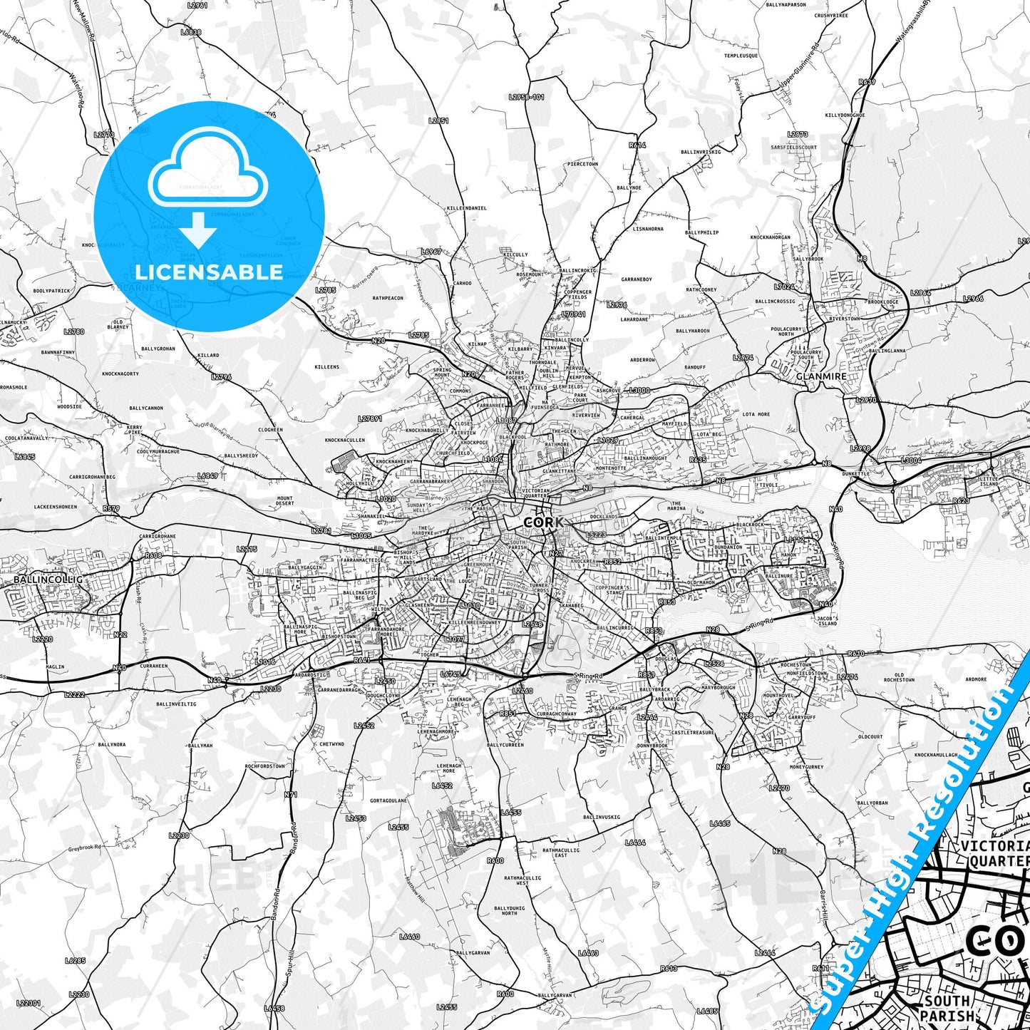 Cork, Ireland light map with streetnames, citynames and districts