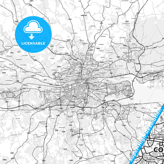 Cork, Ireland light map with streetnames, citynames and districts