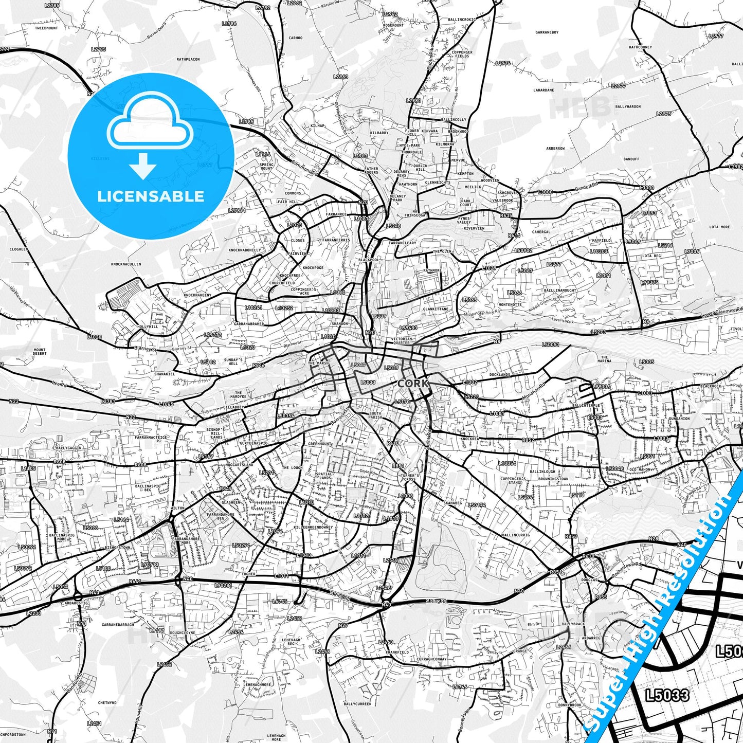 Cork, Ireland Light Map with Street Names, City Names, and Districts