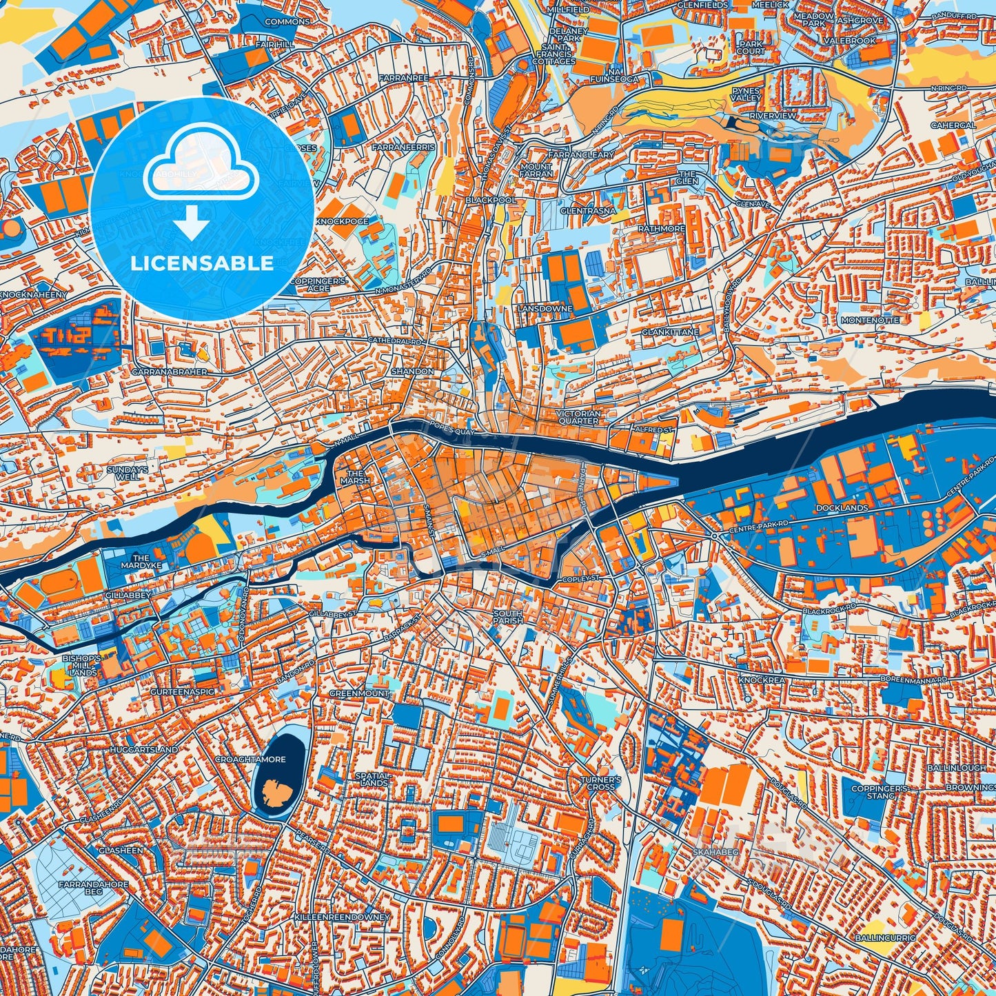 Colorful Cork Street Map with Labels and Buildings