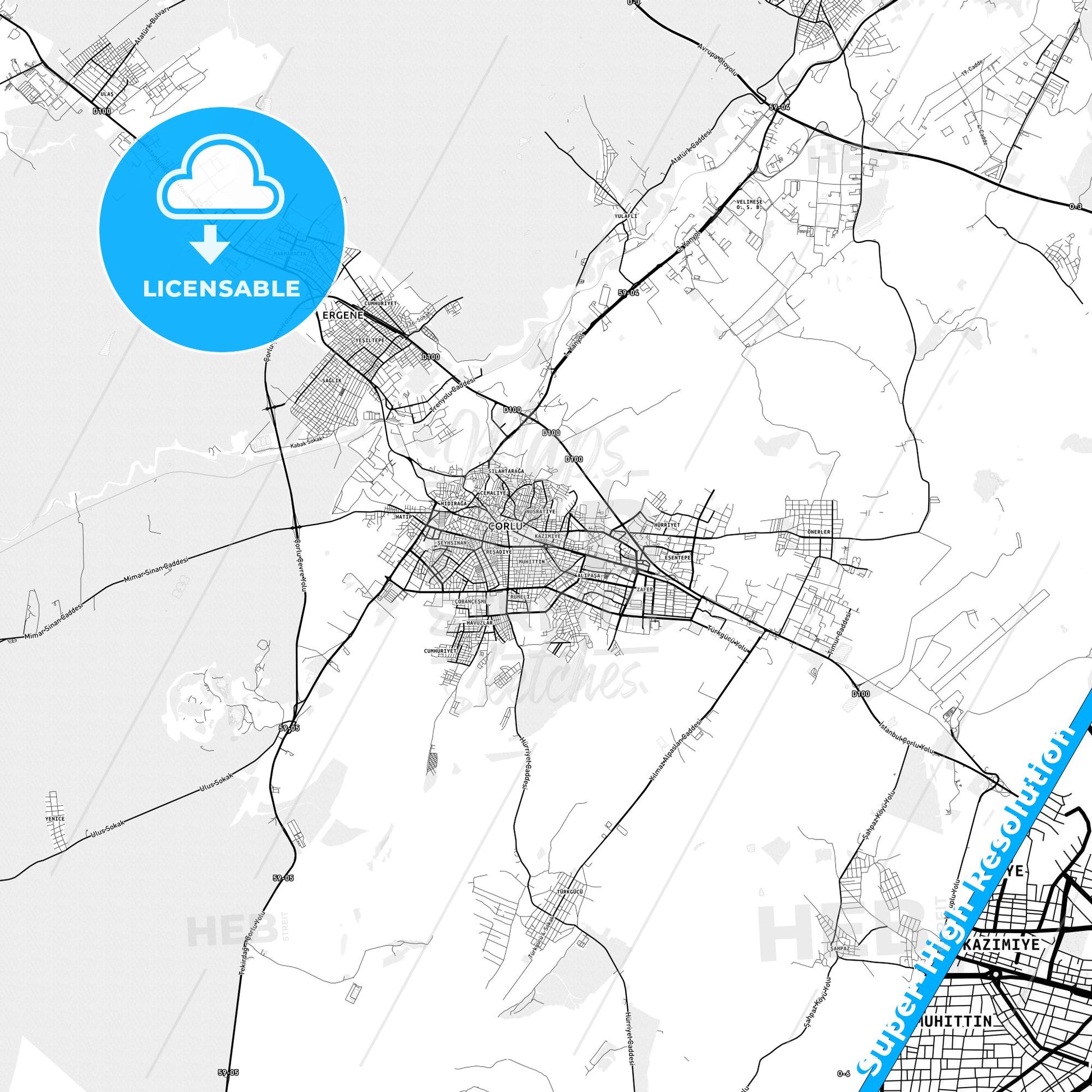 Çorlu, Turkey light map with streetnames, citynames and districts