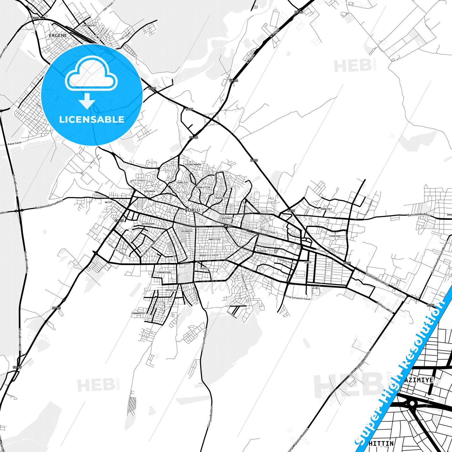 Çorlu, Turkey Light Map with Street Names, City Names, and Districts