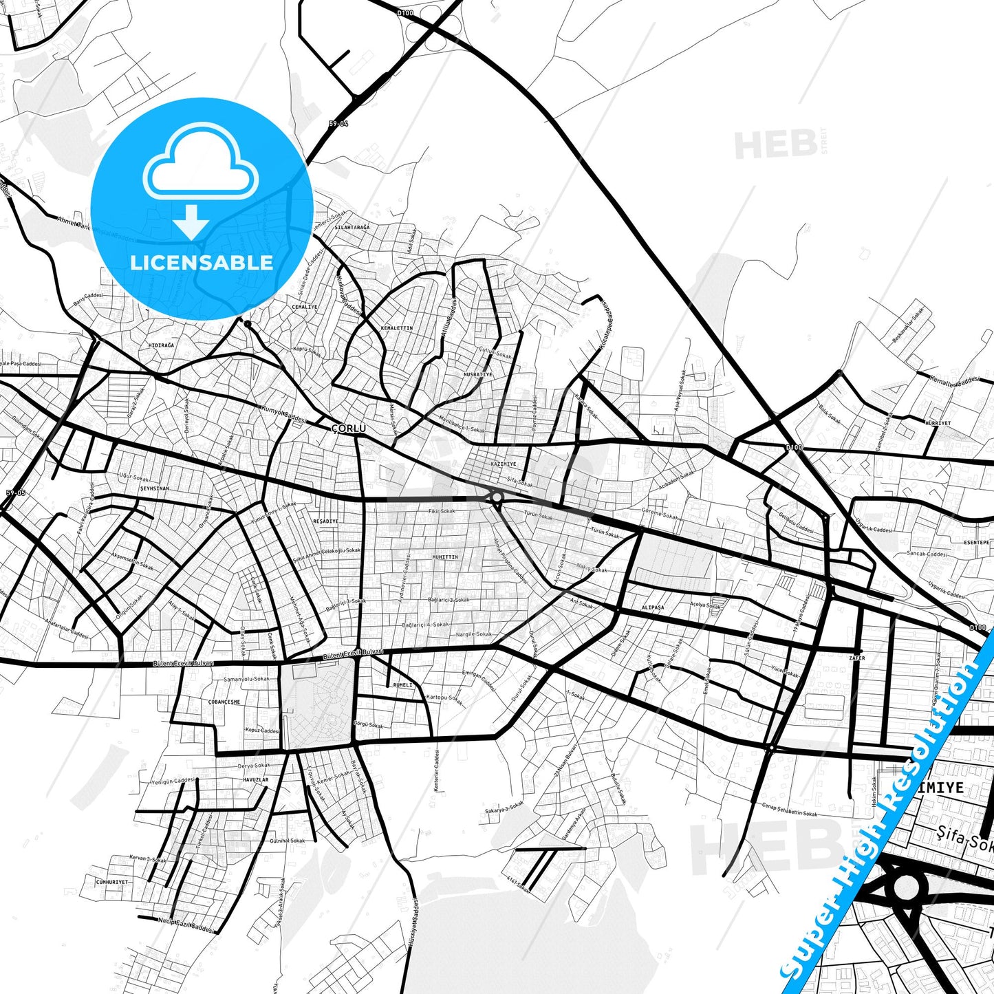 Çorlu, Turkey Light Map with Street Names, City Names, and Districts
