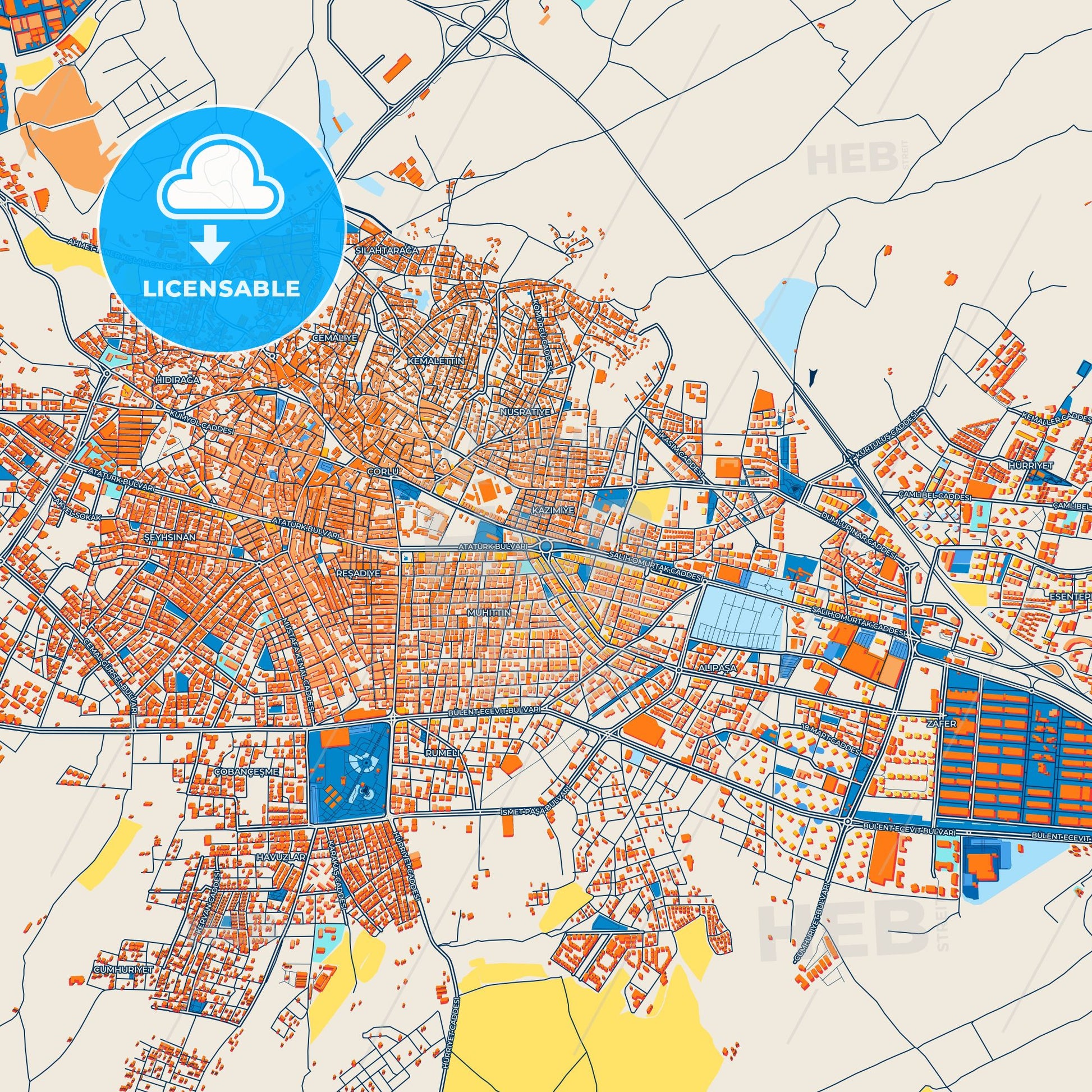 Colorful Çorlu Street Map with Labels and Buildings