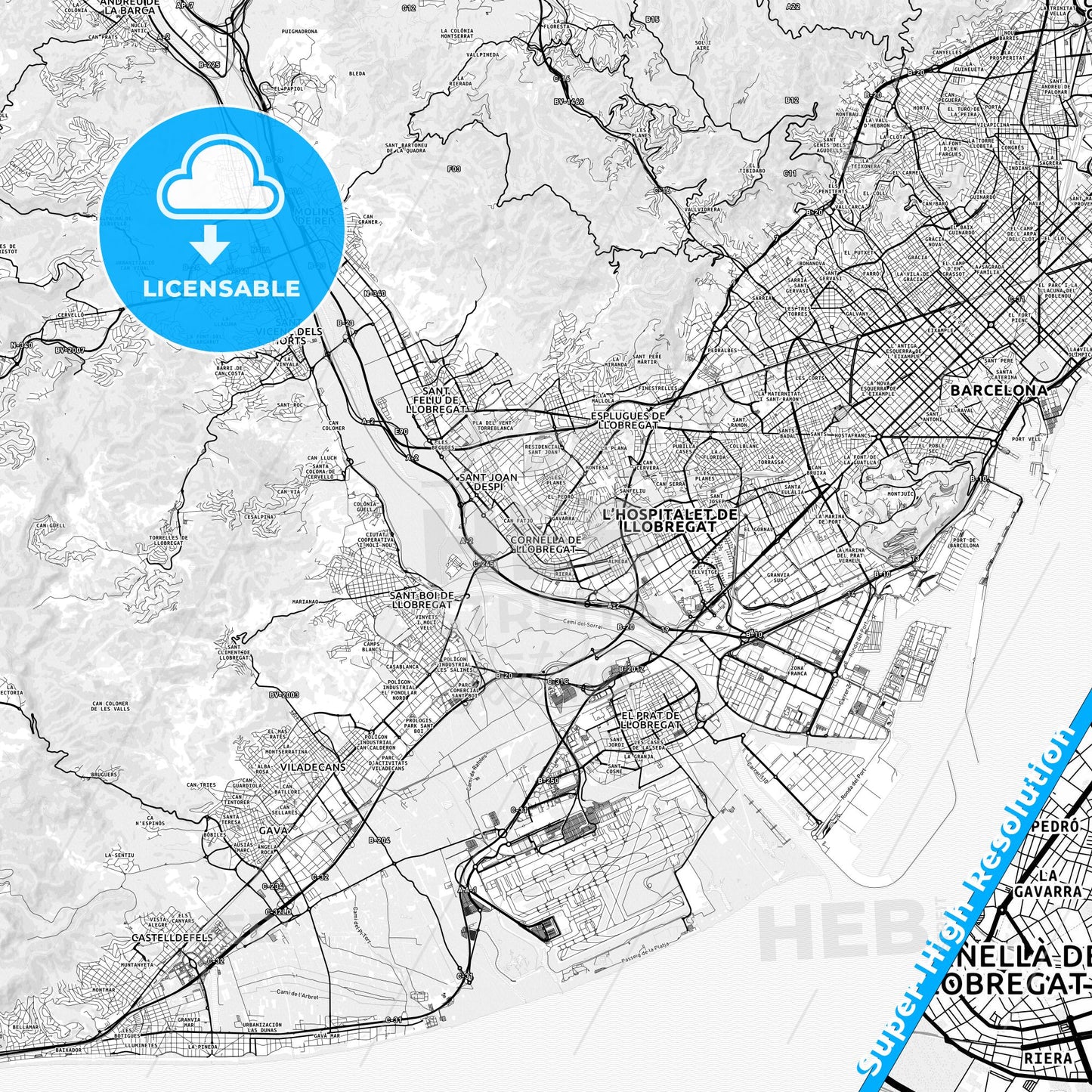 Cornellà de Llobregat, Spain light map with streetnames, citynames and districts