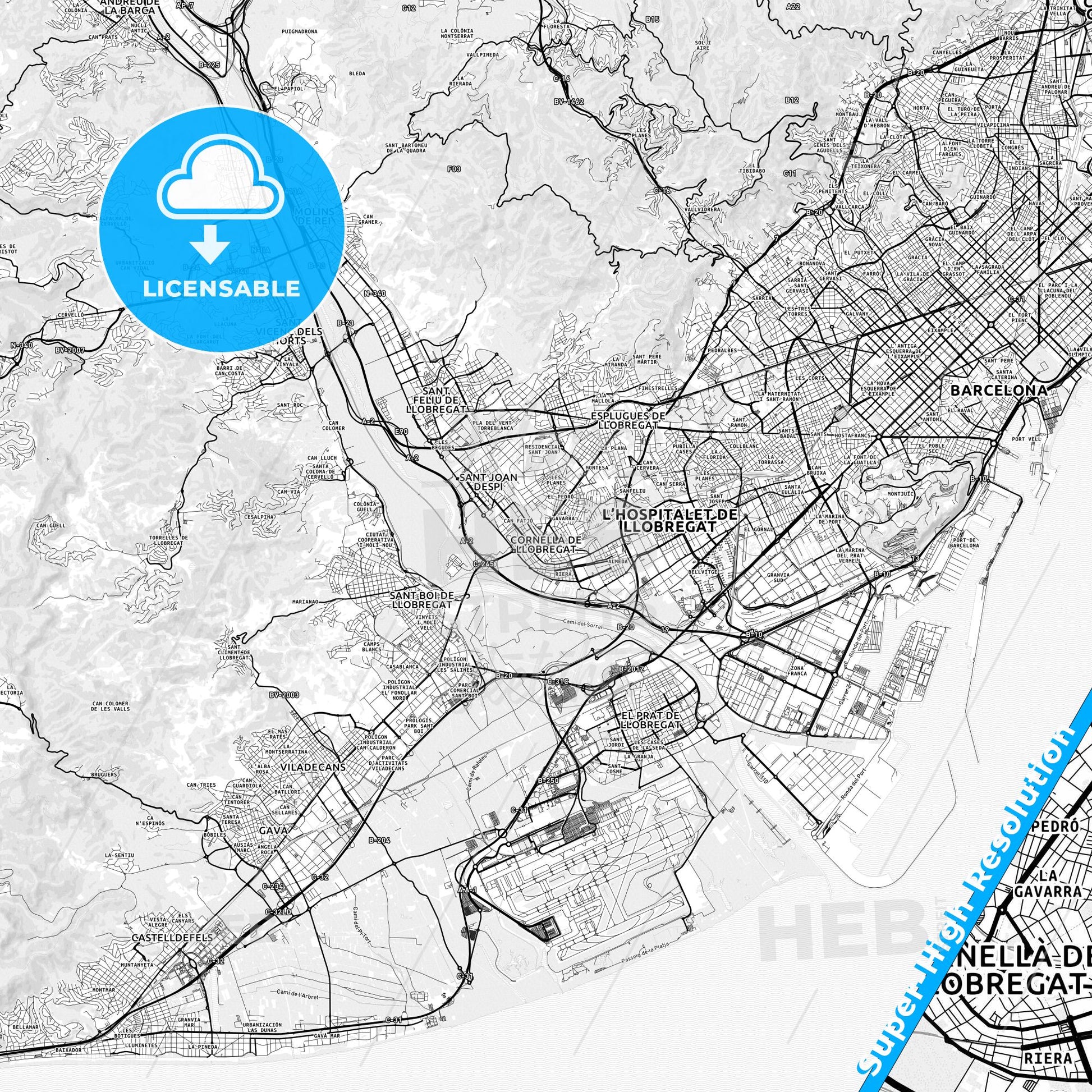 Cornellà de Llobregat, Spain light map with streetnames, citynames and districts