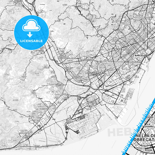 Cornellà de Llobregat, Spain light map with streetnames, citynames and districts
