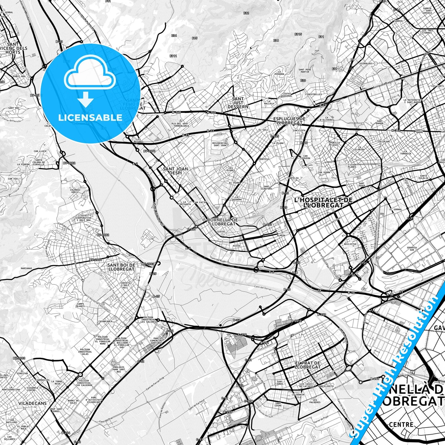 Cornellà de Llobregat, Spain Light Map with Street Names, City Names, and Districts