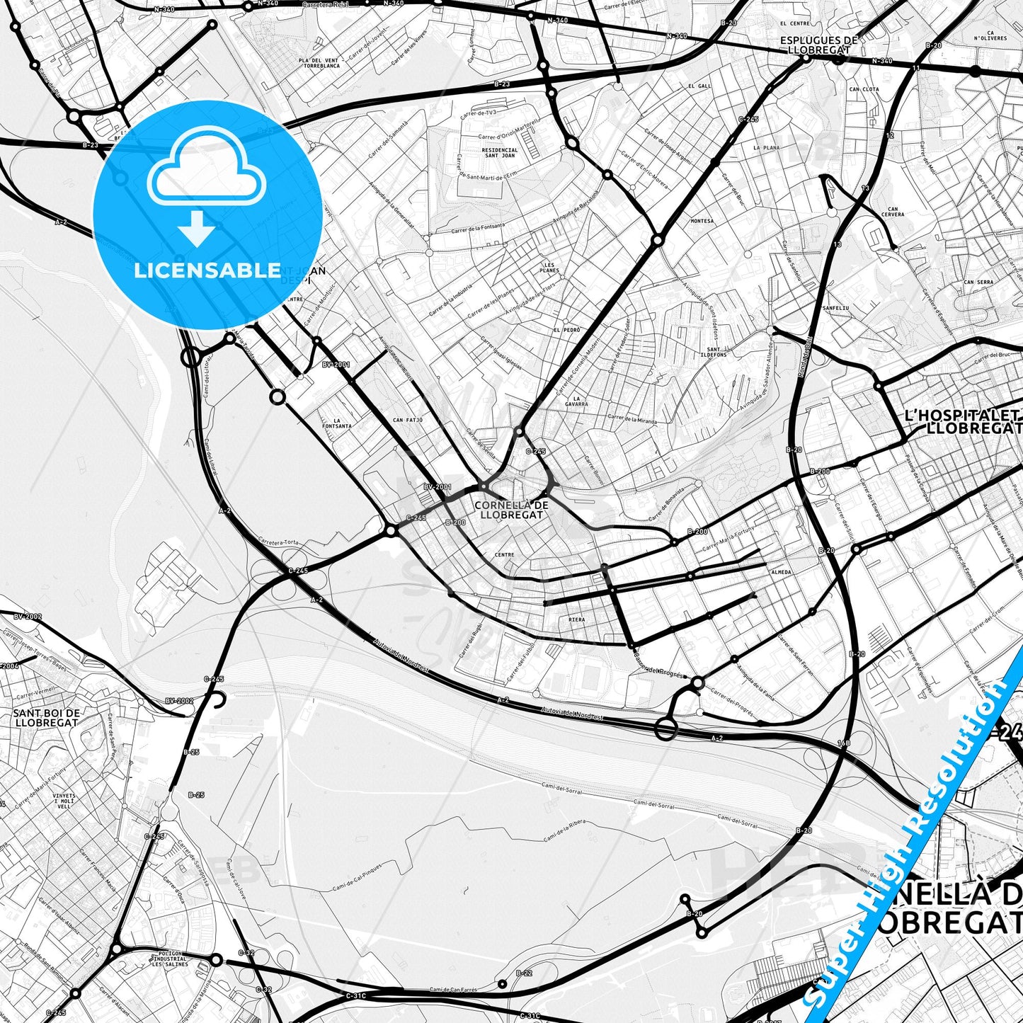 Cornellà de Llobregat, Spain Light Map with Street Names, City Names, and Districts
