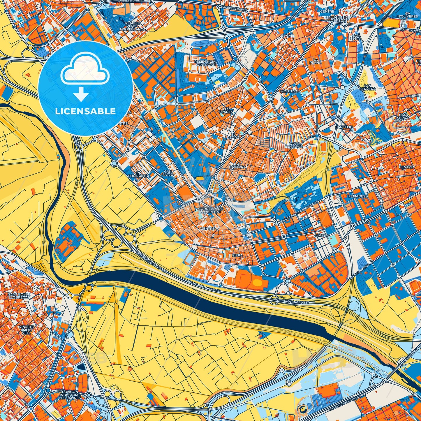 Colorful Cornellà de Llobregat Street Map with Labels and Buildings