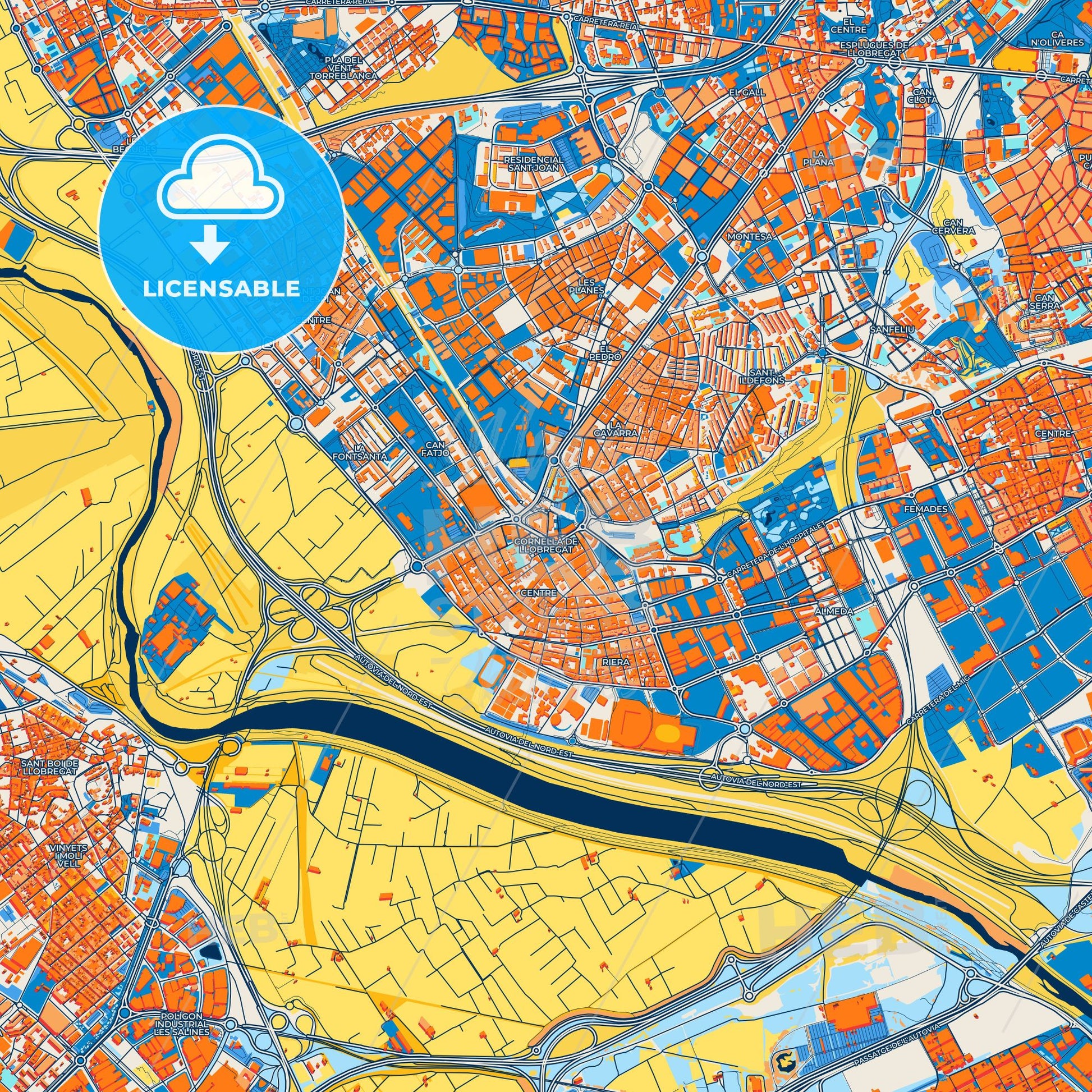 Colorful Cornellà de Llobregat Street Map with Labels and Buildings