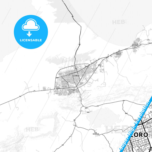 Coro, Venezuela light map with streetnames, citynames and districts