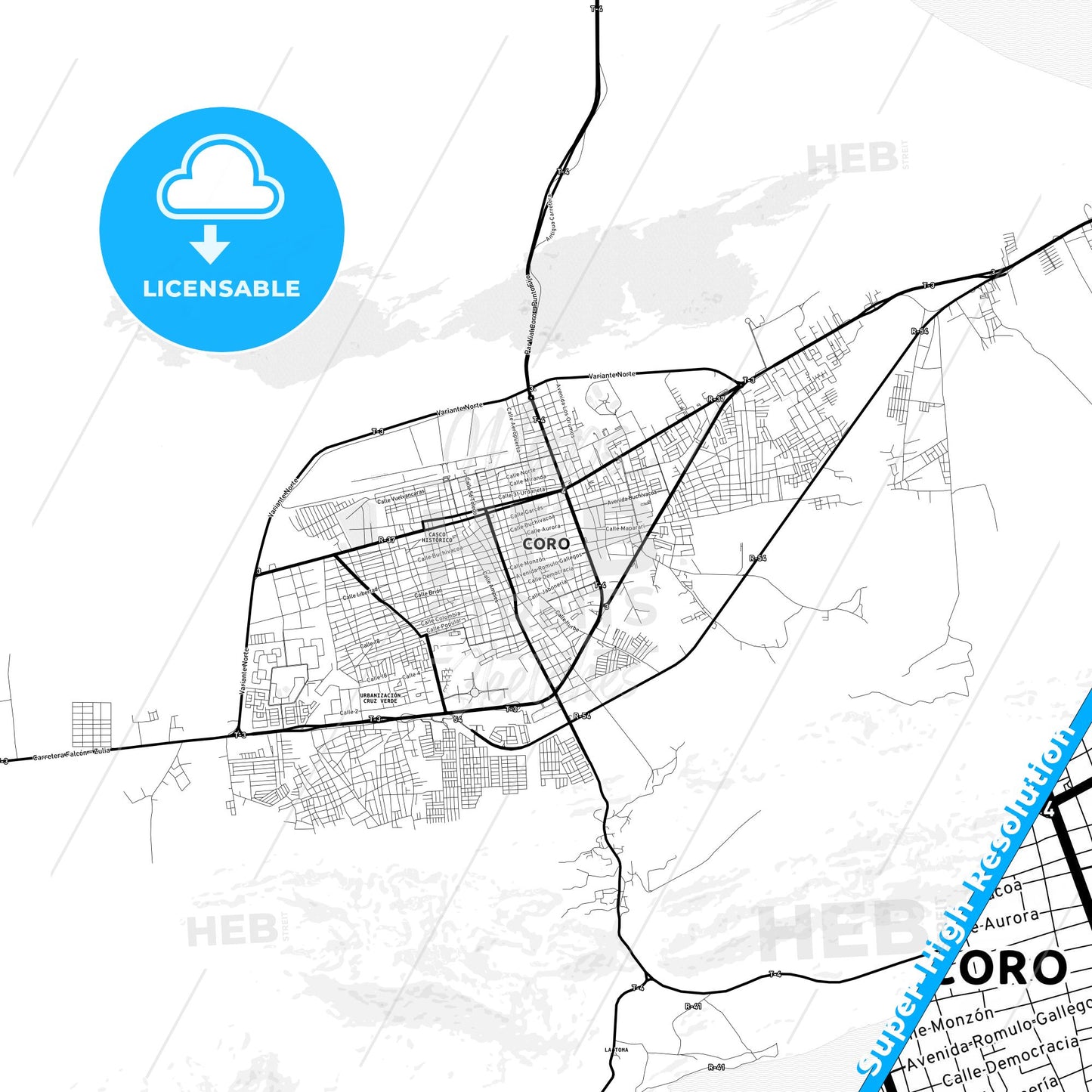 Coro, Venezuela Light Map with Street Names, City Names, and Districts