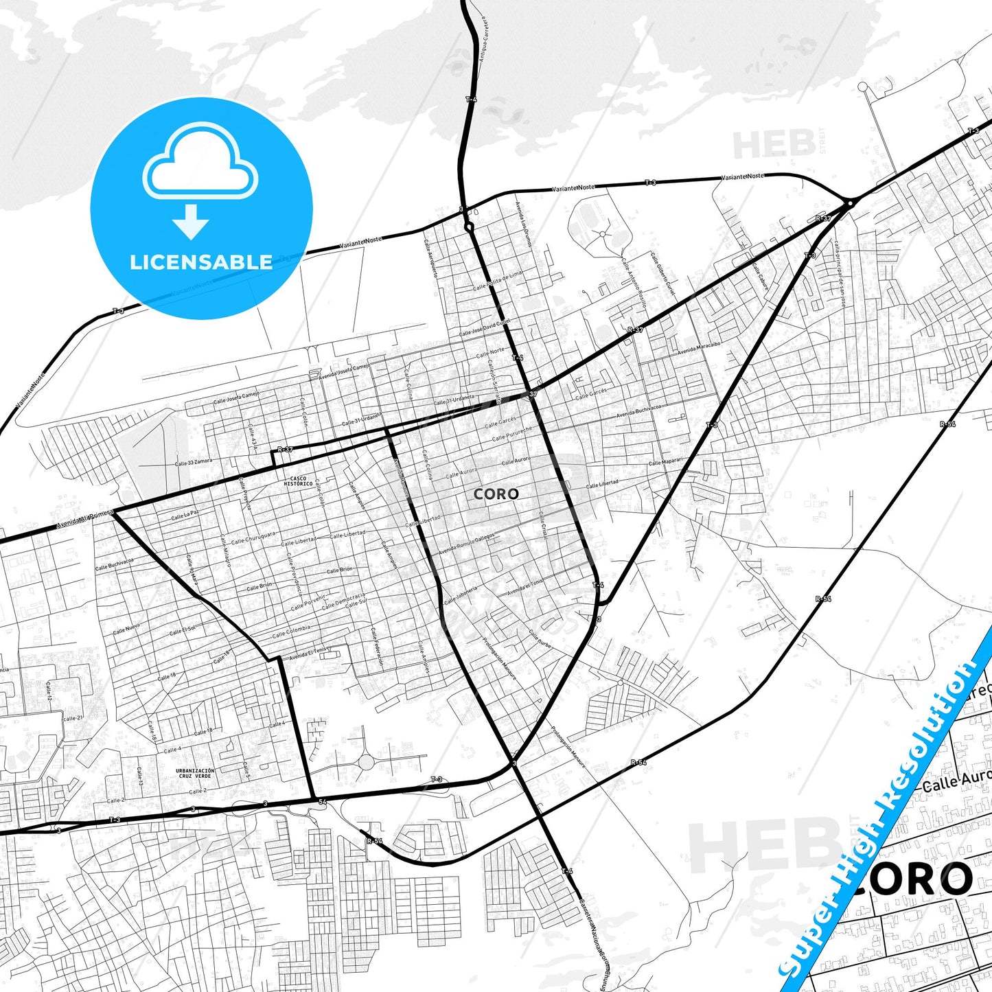Coro, Venezuela Light Map with Street Names, City Names, and Districts