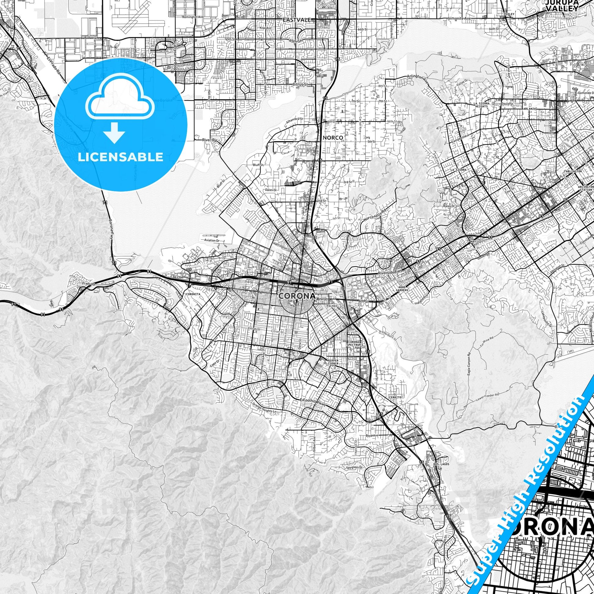 Corona, California light map with streetnames, citynames and districts