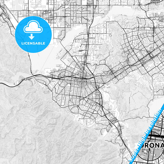 Corona, California light map with streetnames, citynames and districts