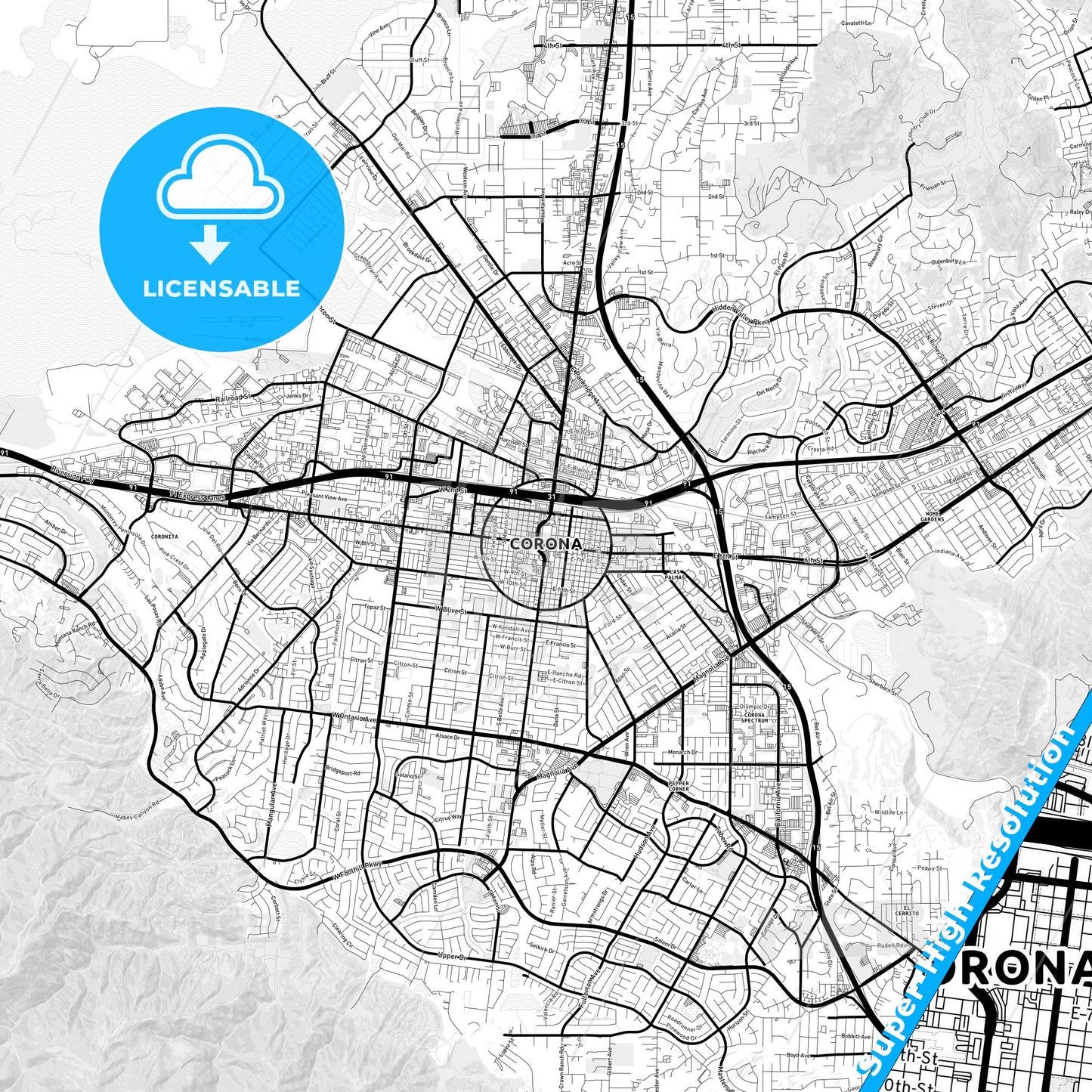 Corona, California Light Map with Street Names, City Names, and Districts