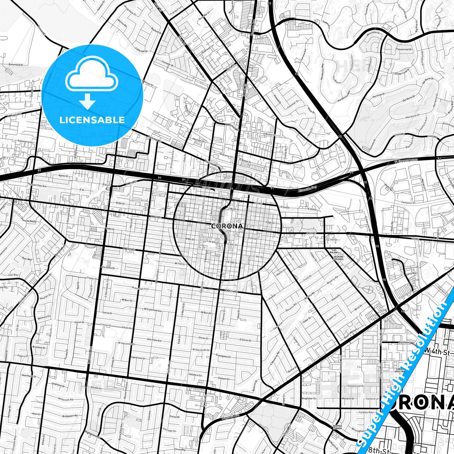 Corona, California Light Map with Street Names, City Names, and Districts