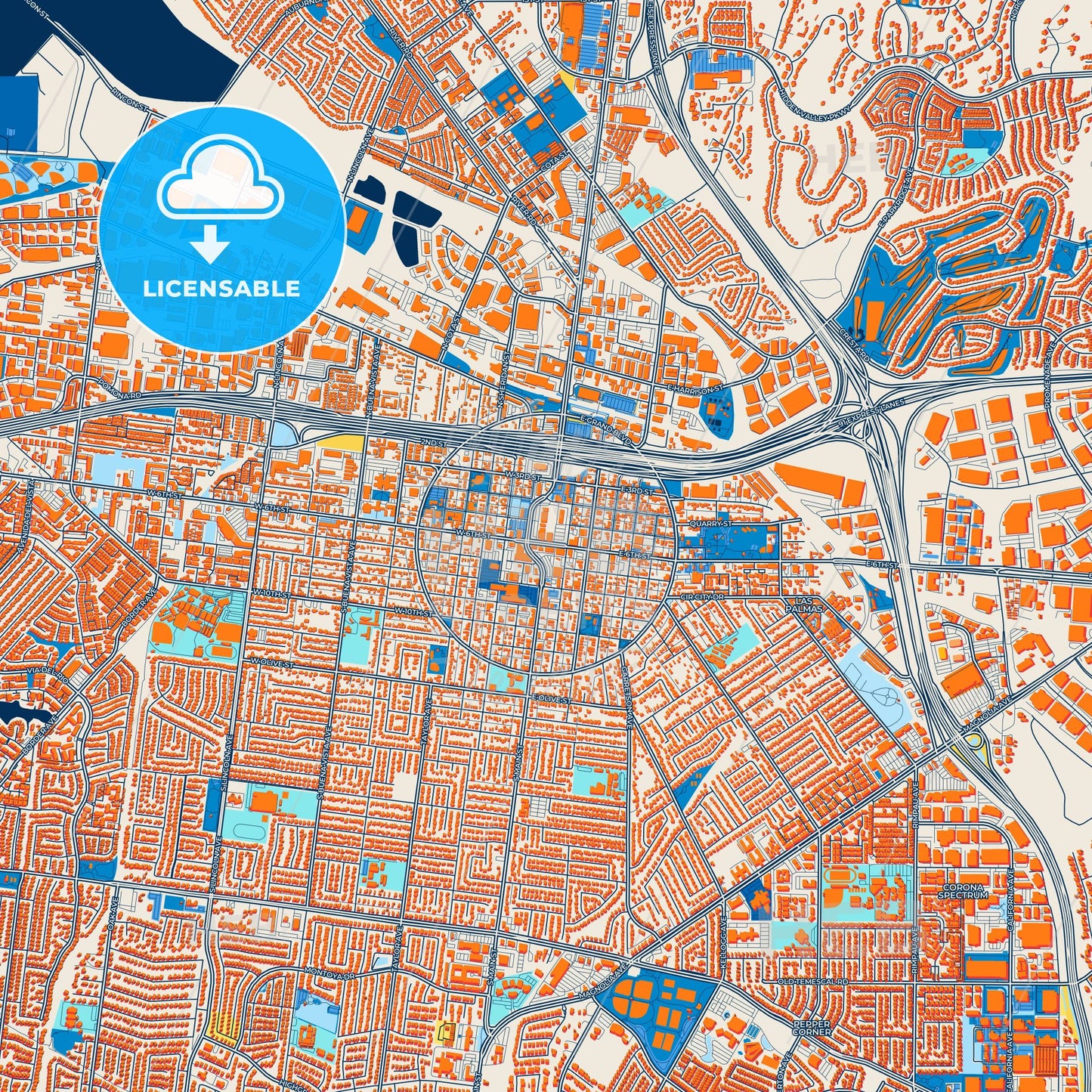 Colorful Corona Street Map with Labels and Buildings