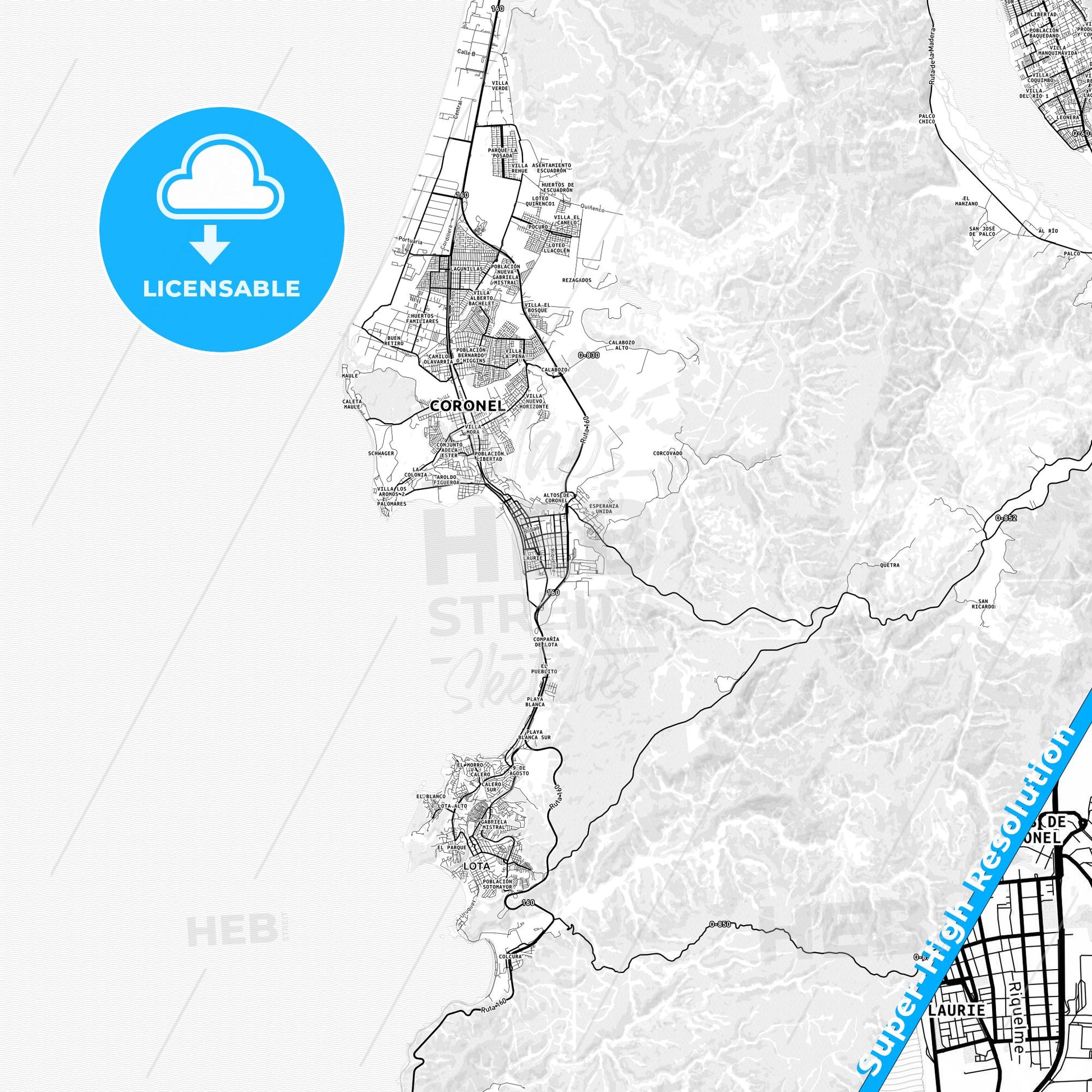 Coronel, Chile light map with streetnames, citynames and districts