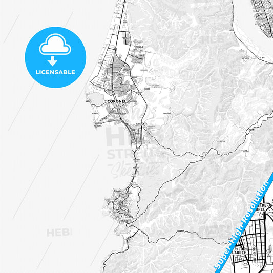Coronel, Chile light map with streetnames, citynames and districts
