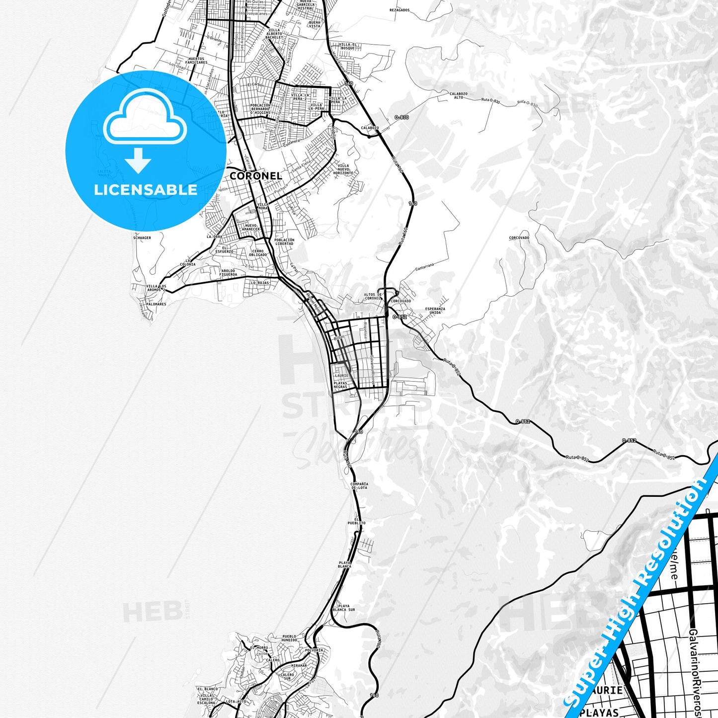 Coronel, Chile Light Map with Street Names, City Names, and Districts