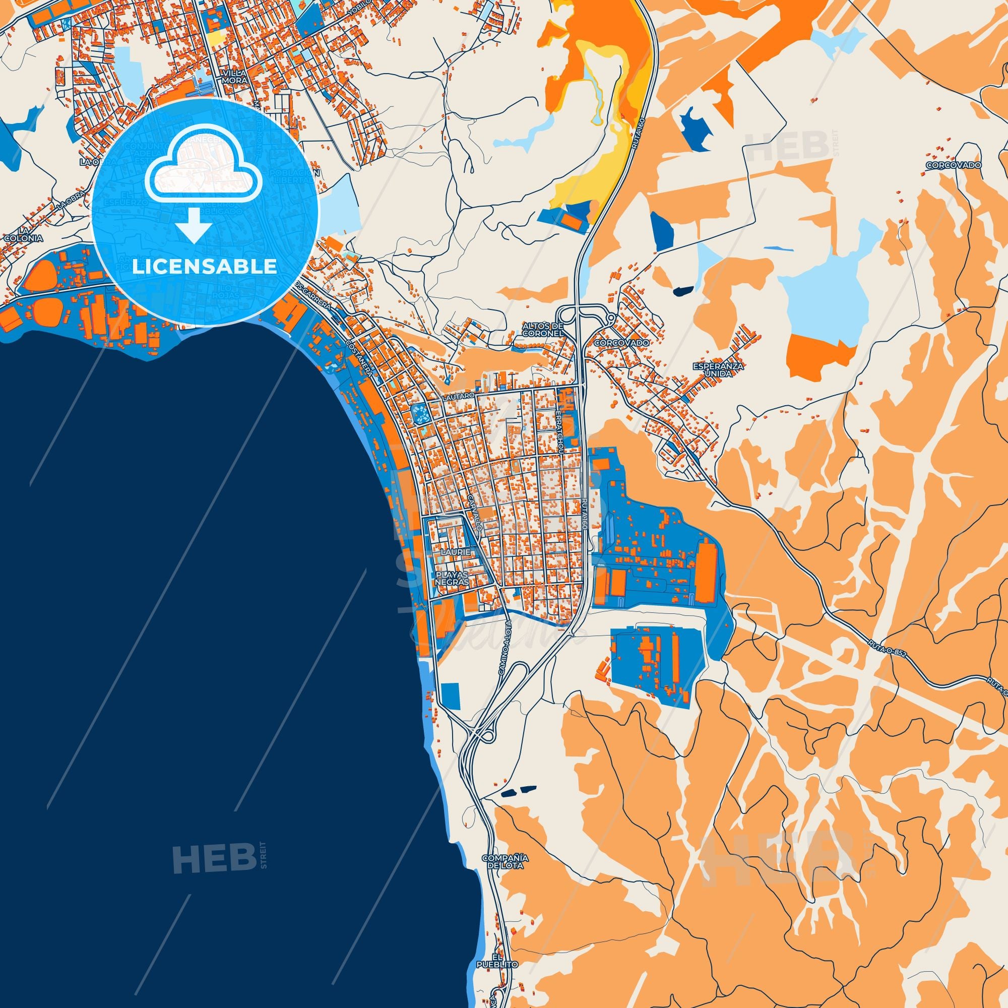 Colorful Coronel Street Map With Labels And Buildings – HEBSTREITS