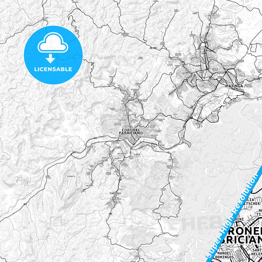 Coronel Fabriciano, Brazil light map with streetnames, citynames and districts