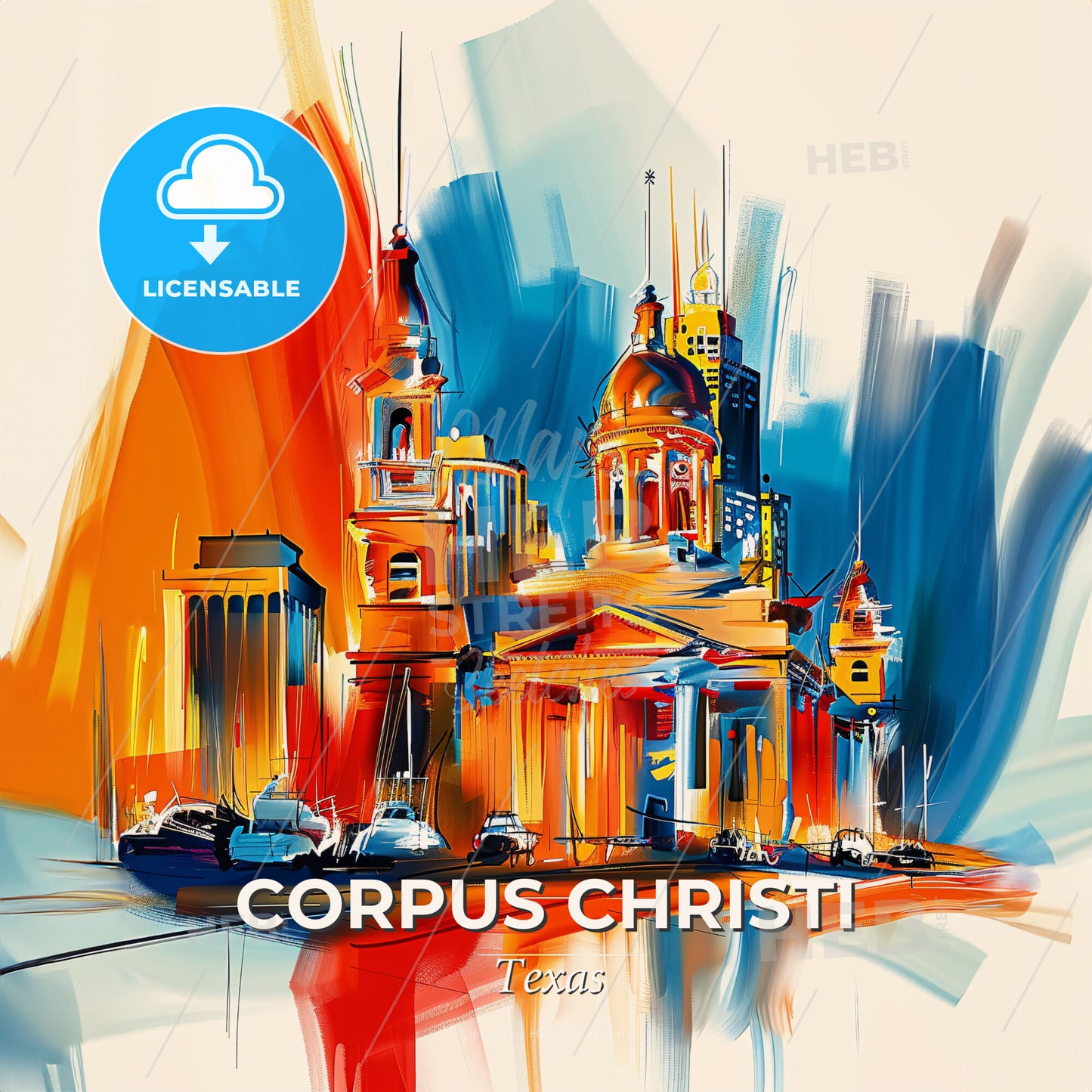 Vibrant Corpus Christi, Texas - A Painting Of A Building With A Colorful Background - Square format print template
