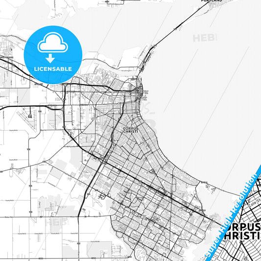 Corpus Christi, Texas light map with streetnames, citynames and districts