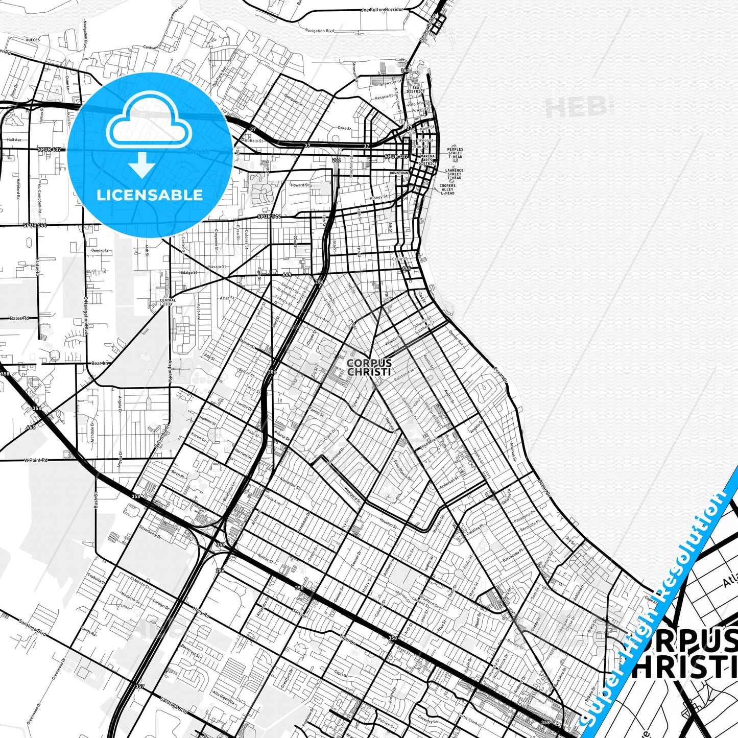 Corpus Christi, Texas Light Map with Street Names, City Names, and Districts