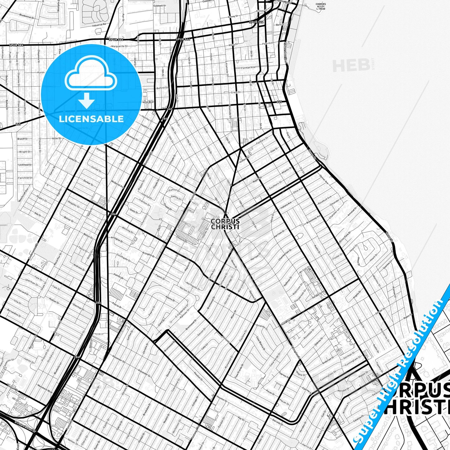 Corpus Christi, Texas Light Map with Street Names, City Names, and Districts