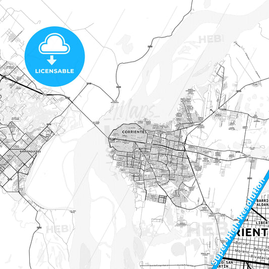 Corrientes, Argentina light map with streetnames, citynames and districts