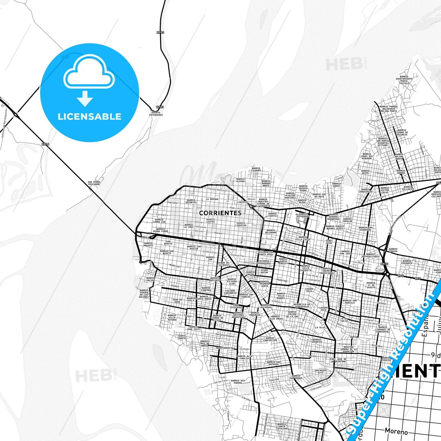 Corrientes, Argentina Light Map with Street Names, City Names, and Districts