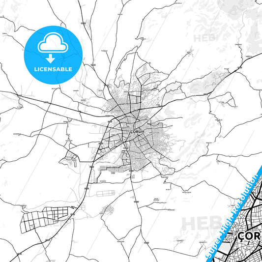 Çorum, Turkey light map with streetnames, citynames and districts