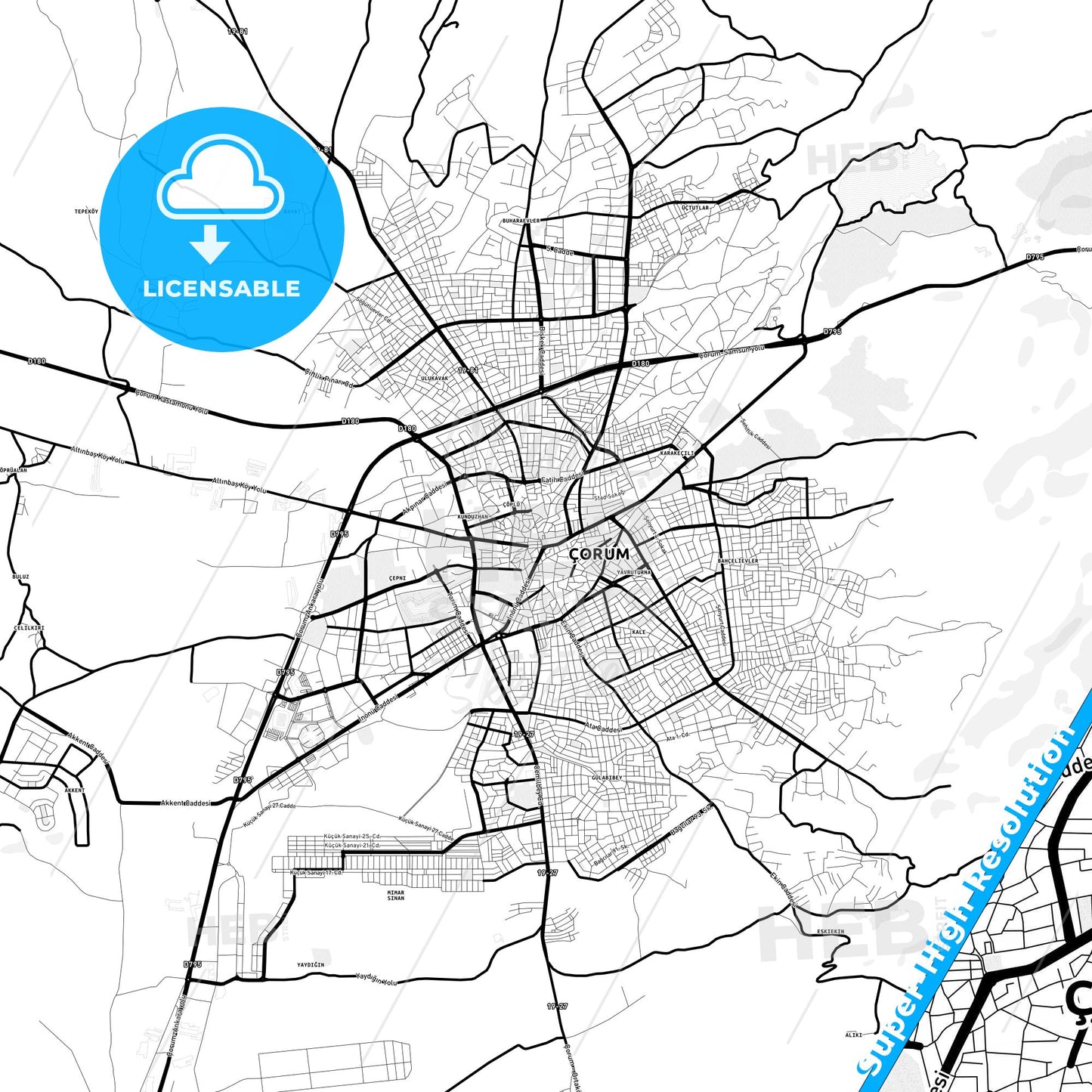 Çorum, Turkey Light Map with Street Names, City Names, and Districts