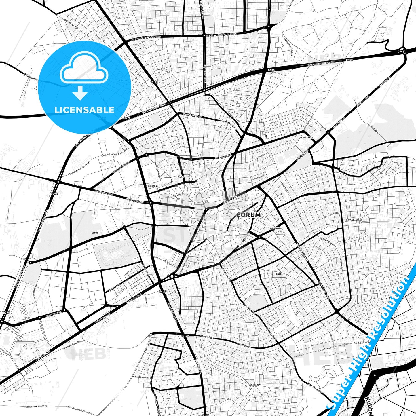 Çorum, Turkey Light Map with Street Names, City Names, and Districts