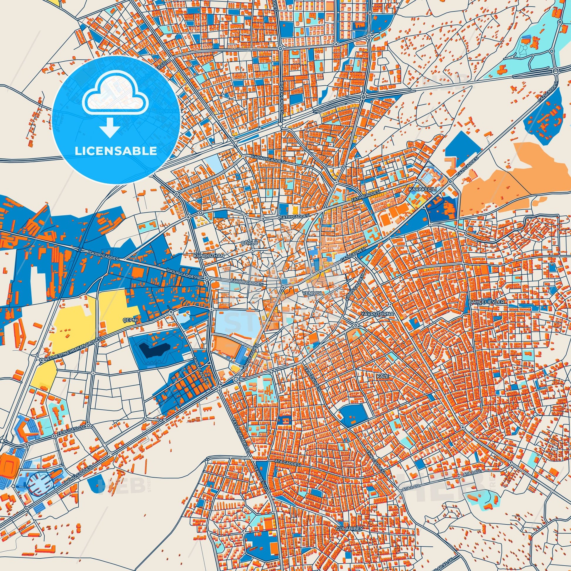 Colorful Çorum Street Map with Labels and Buildings