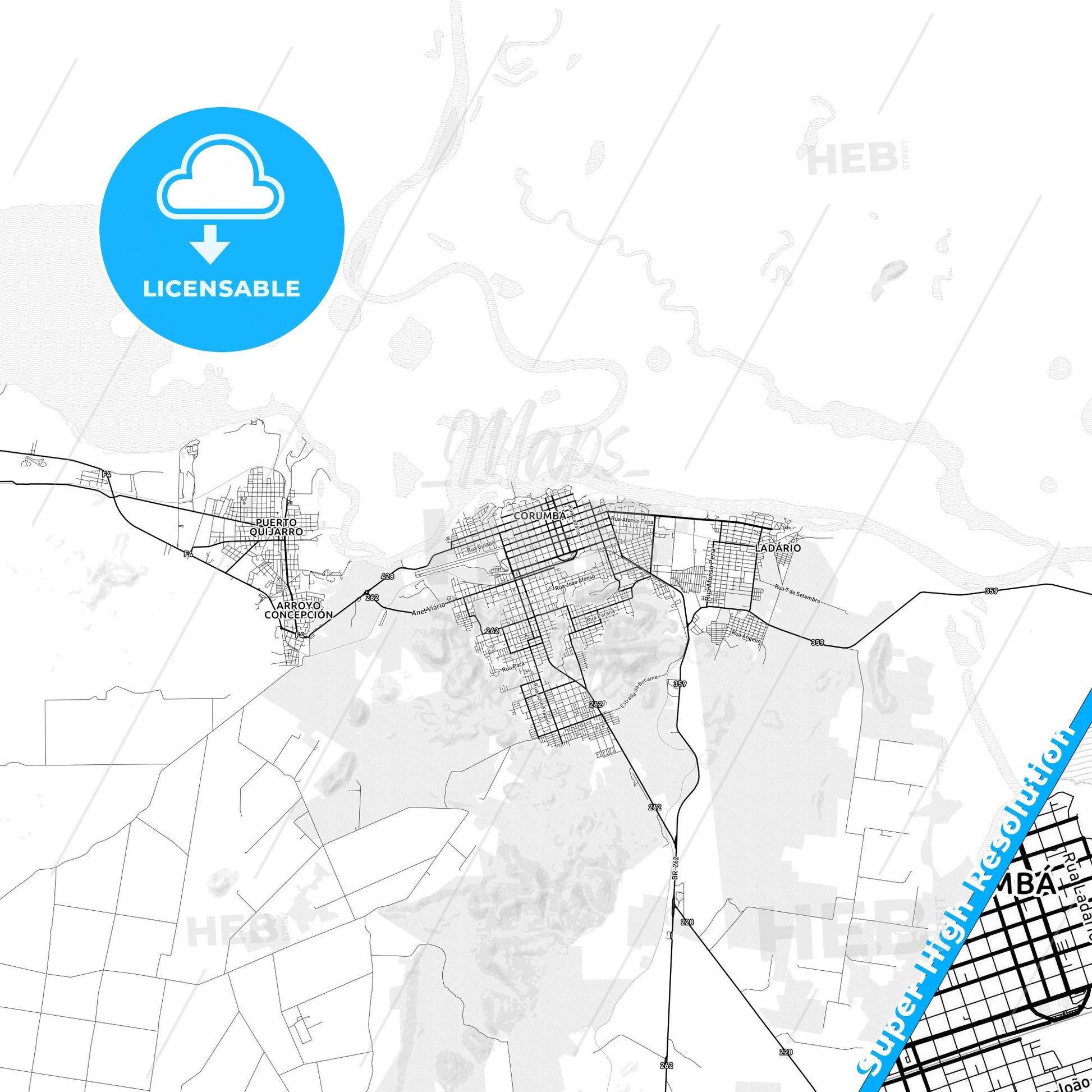 Corumba, Brazil light map with streetnames, citynames and districts