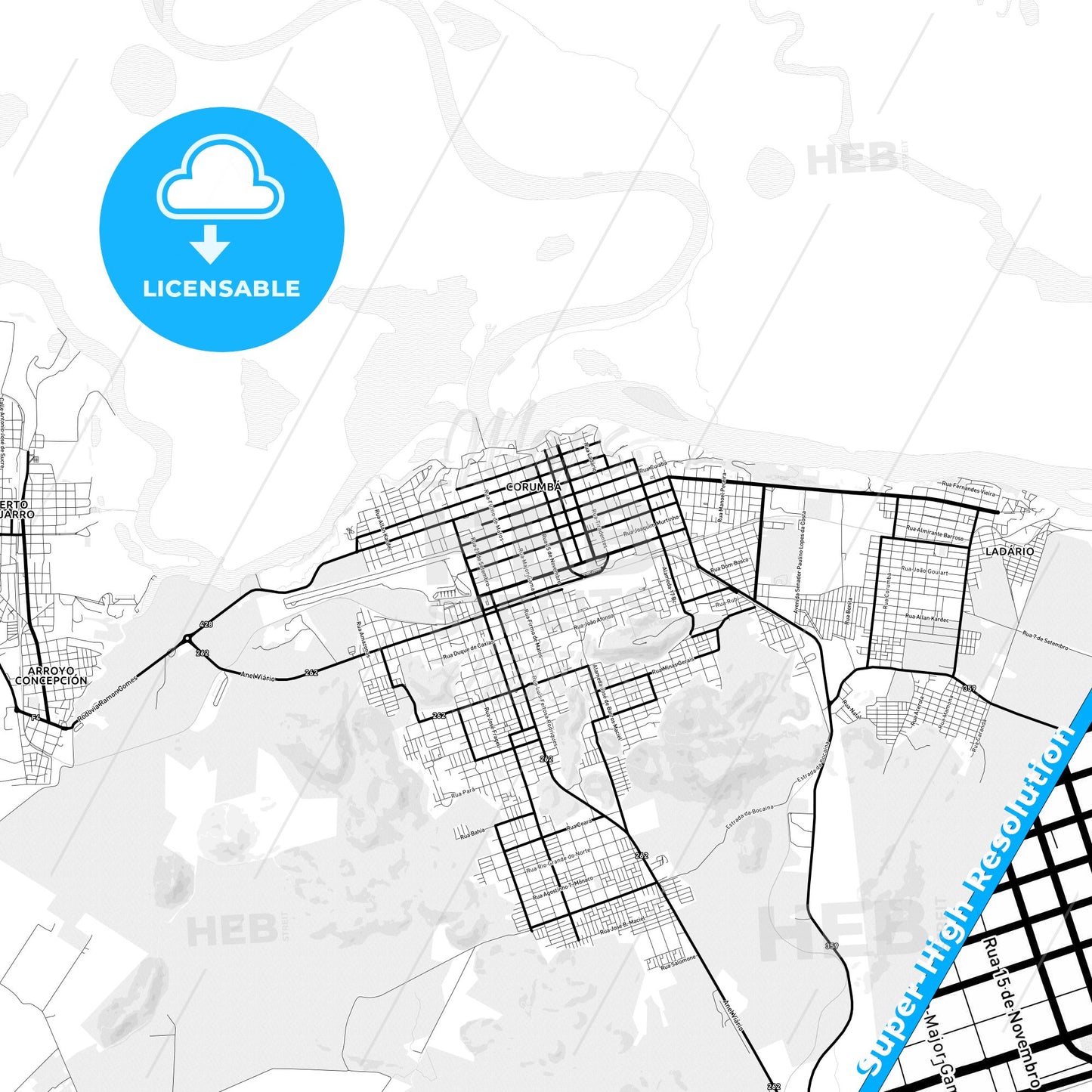 Corumba, Brazil Light Map with Street Names, City Names, and Districts