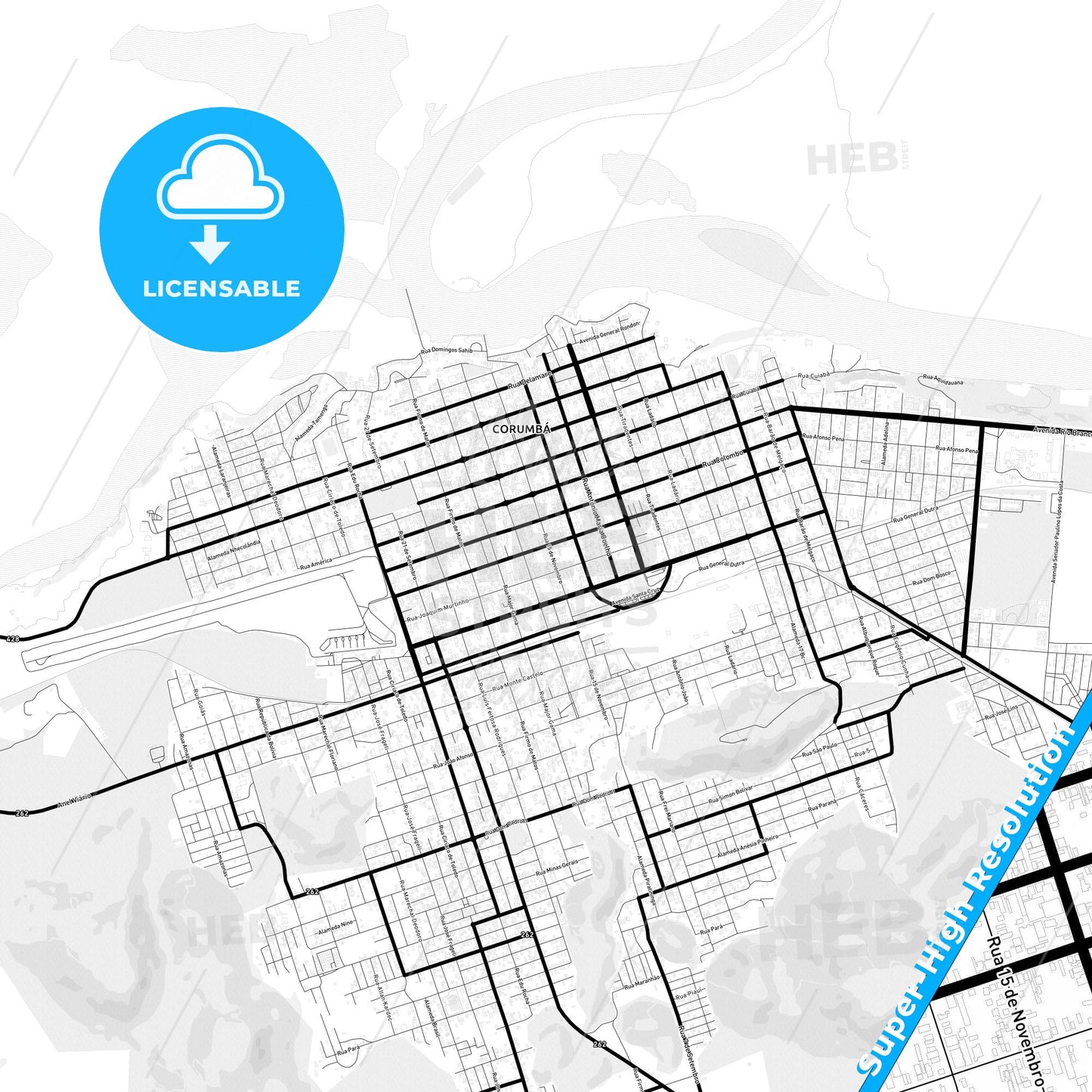 Corumba, Brazil Light Map with Street Names, City Names, and Districts