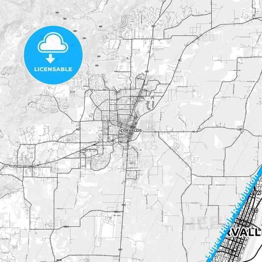 Corvallis, Oregon light map with streetnames, citynames and districts