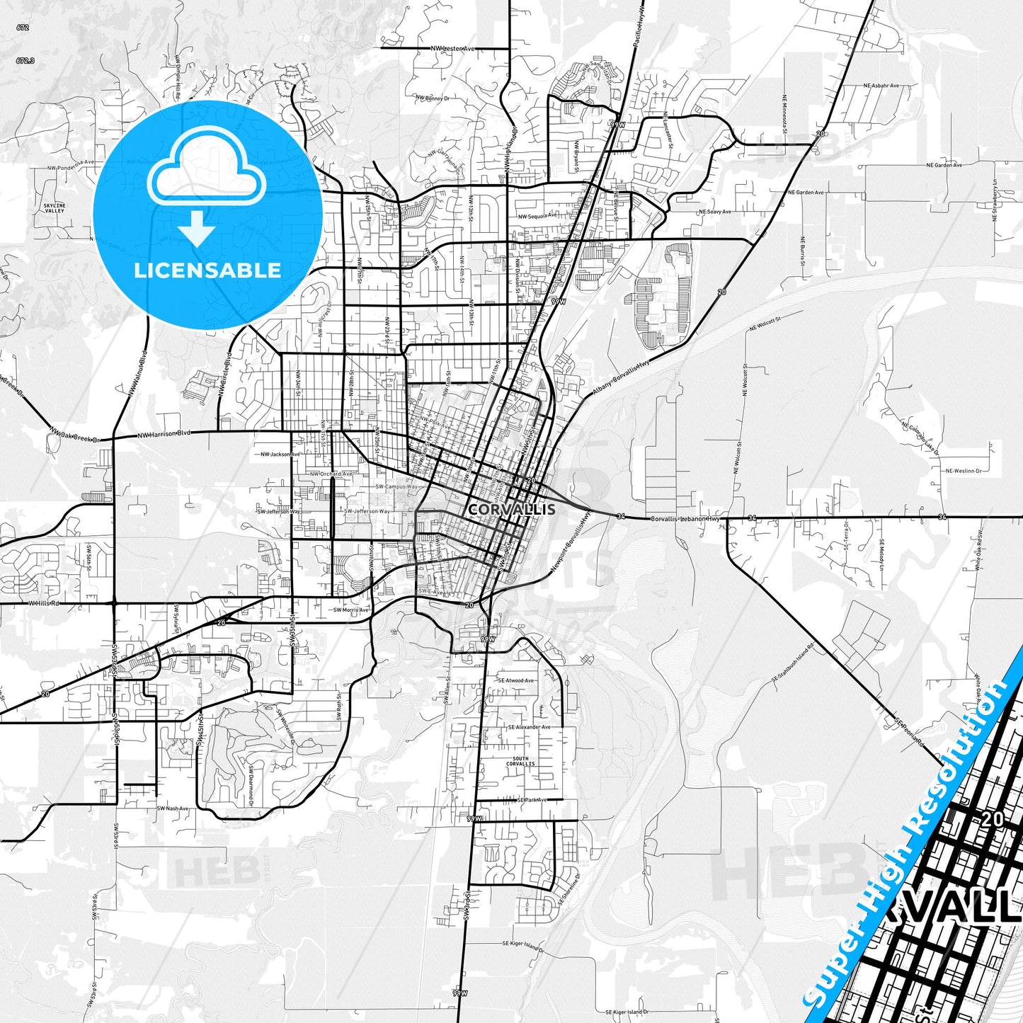 Corvallis, Oregon Light Map with Street Names, City Names, and Districts