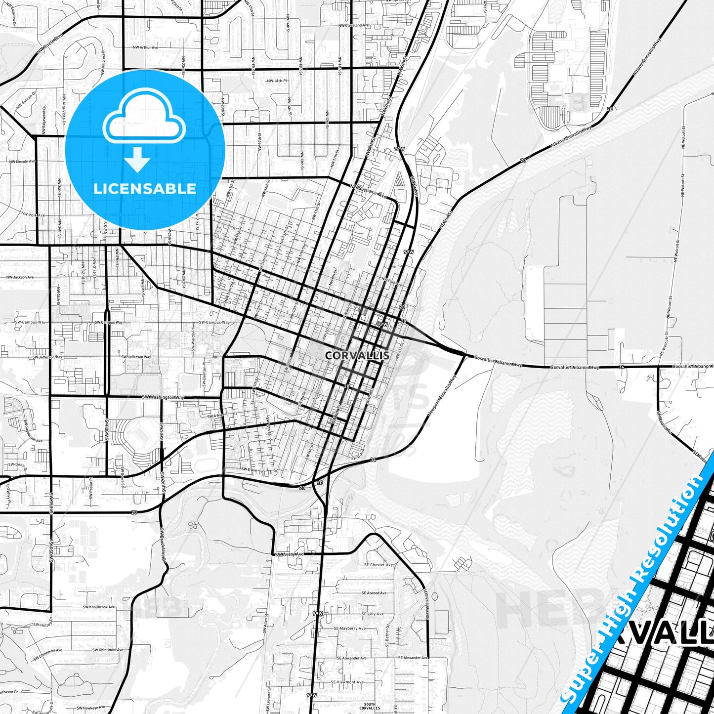 Corvallis, Oregon Light Map with Street Names, City Names, and Districts