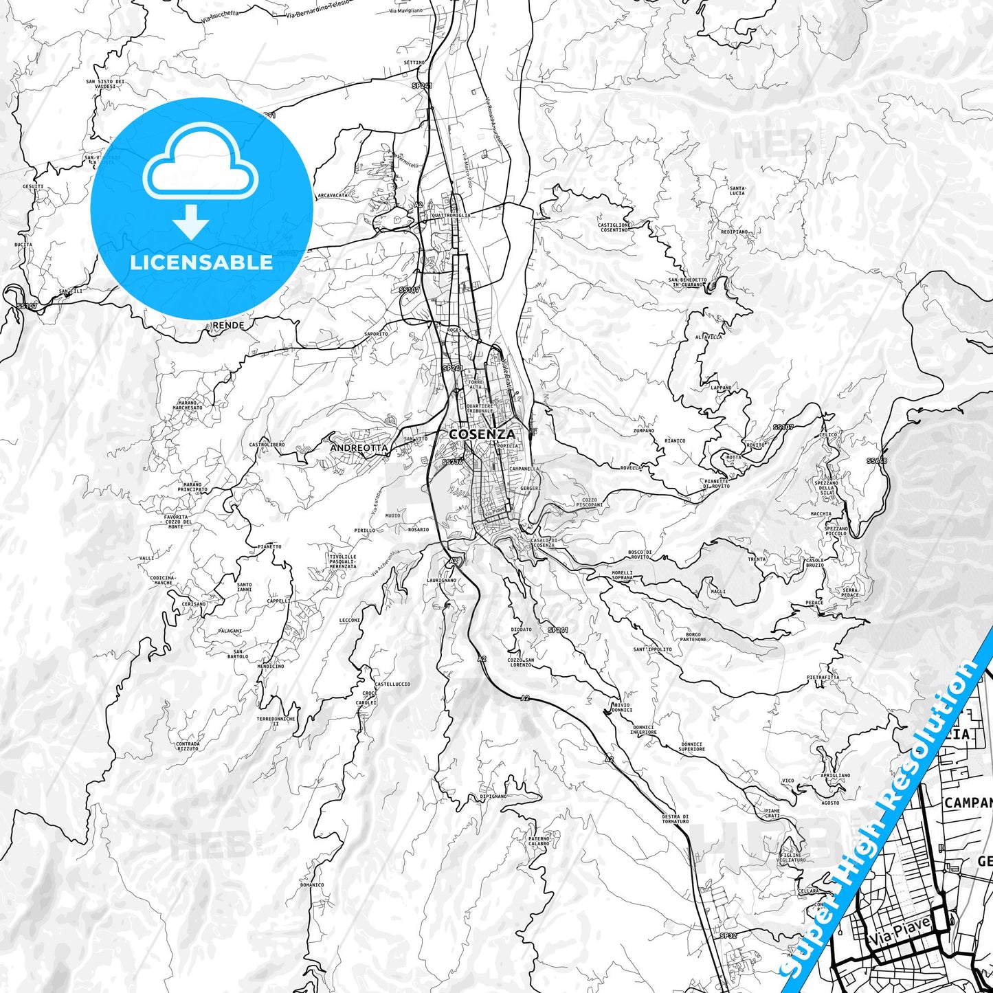 Cosenza, Italy light map with streetnames, citynames and districts